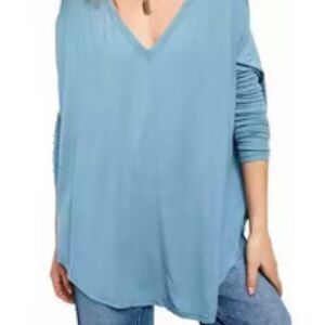 Free people lagenlook v neck oversized small blue top ribbed sleeve